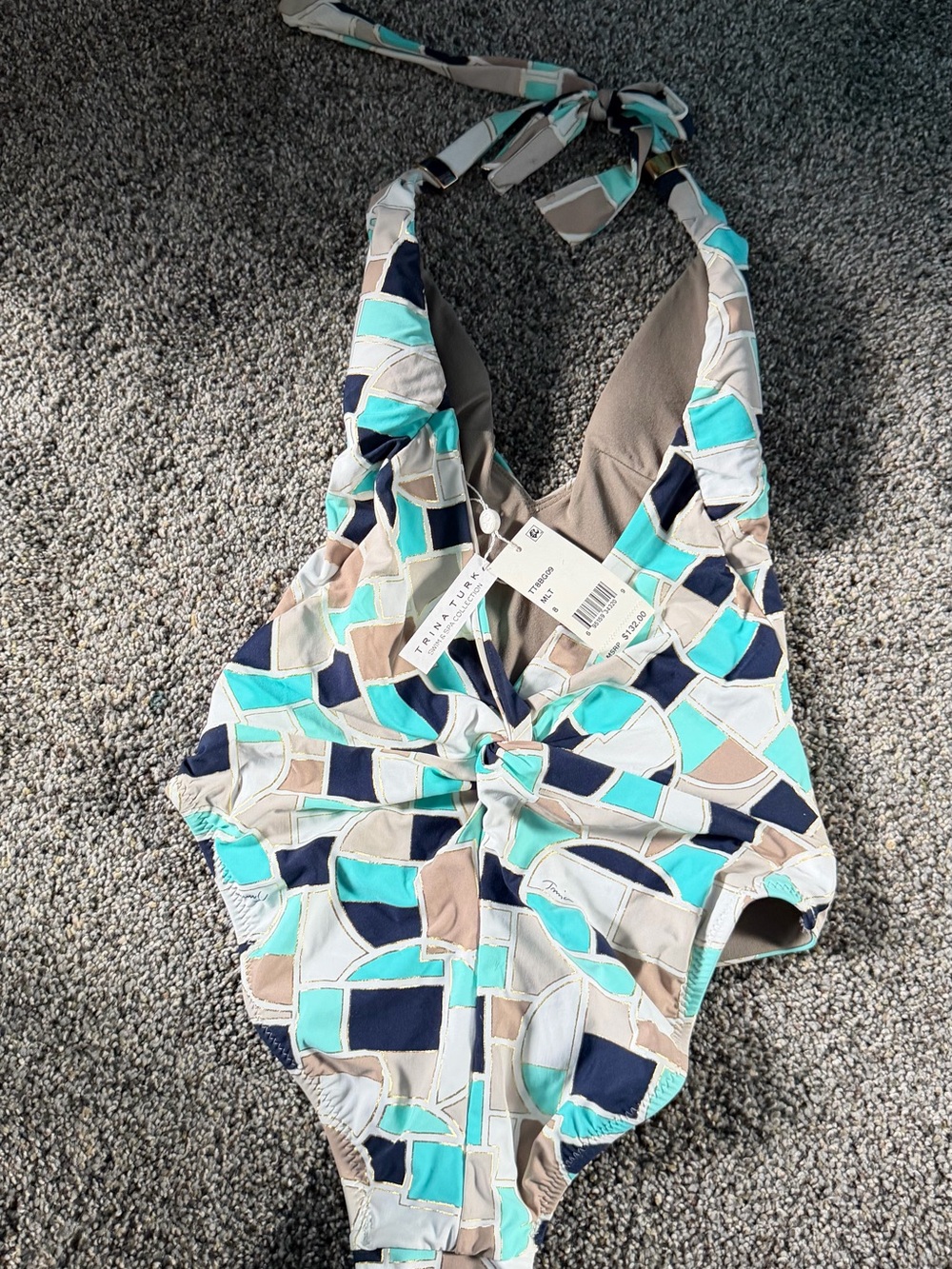 Trina Turk Aqua, Teal, Navy & Cream Geometric Halter One-Piece Swimsuit - Picture 4 of 6